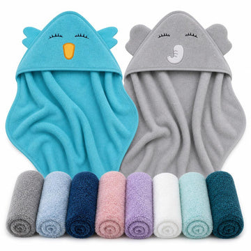 2 Pack Hooded Baby Towel Rayon Made from Bamboo and 8 Washcloths - Lovely Elephant, Happy Bird