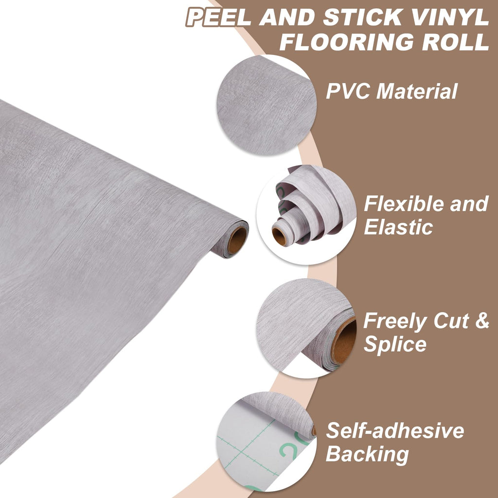 Peel and Stick Wood Grain Flooring Roll 16.4" x Light Gray ft Waterproof Self Adhesive Vinyl Flooring Tiles Kitchen