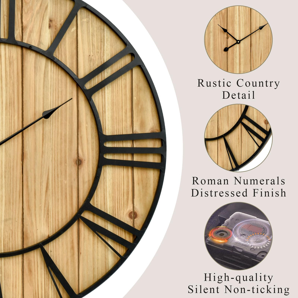 Large Farmhouse Wall Clock 30 Inch Vintage Brown Wooden Wall Clock with Quiet Ticking and Minimalist Roman Numerals