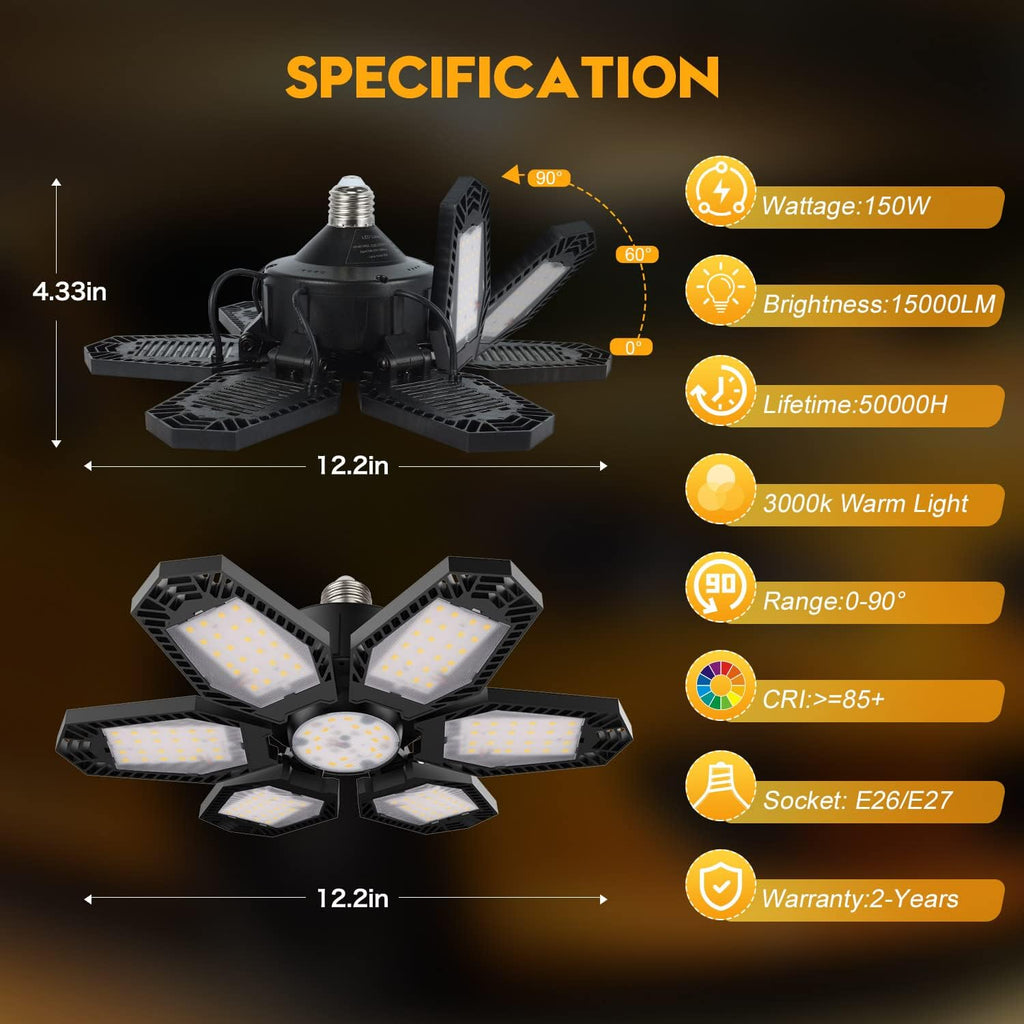 2 Pack Warm Garage Lights, Deformable Ceiling Light, 3000K