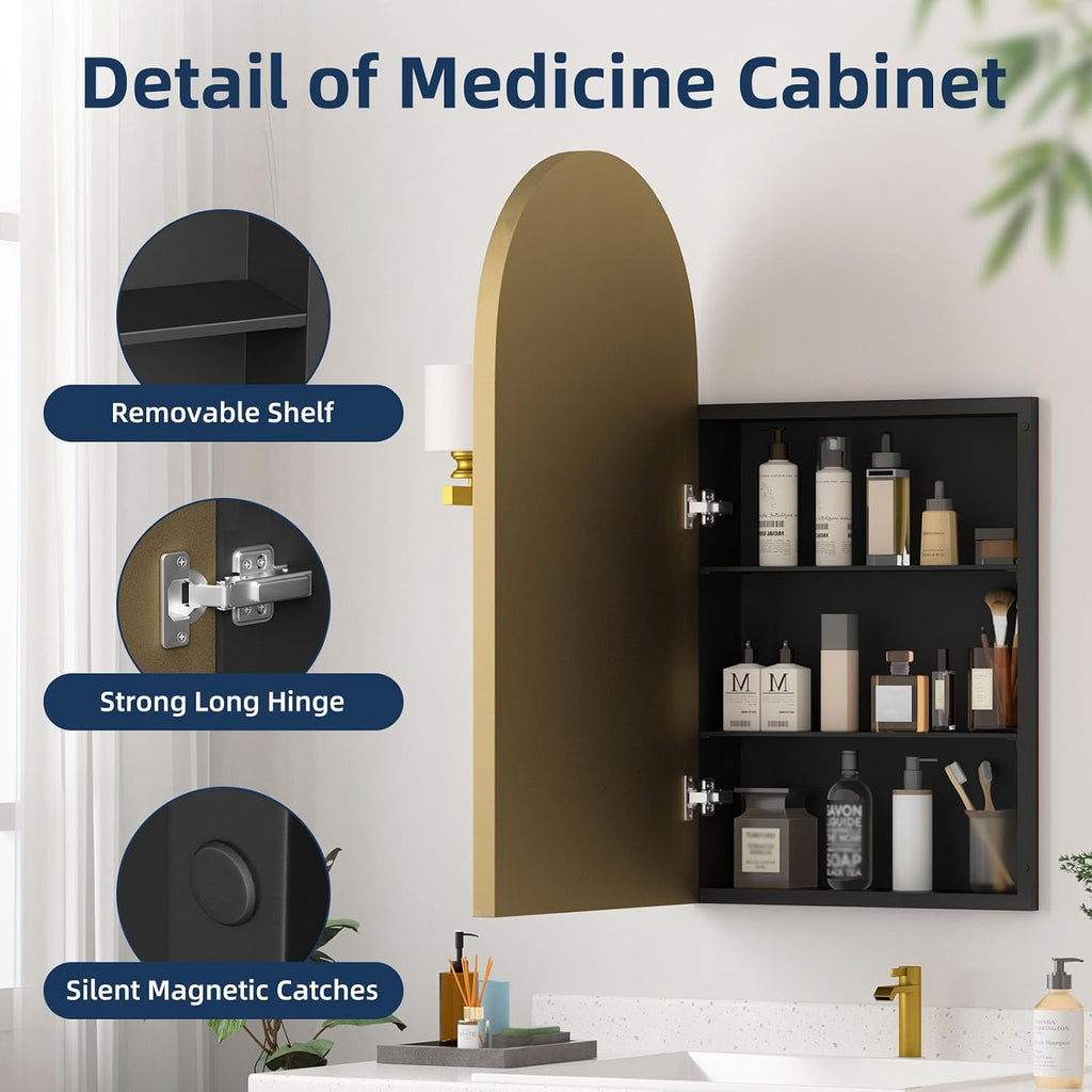 Medicine Cabinets , Brush Gold Arched Medicine Cabinet Recessed or Surface Wall-Mounted,Modern Bathroom Vanity Mirror