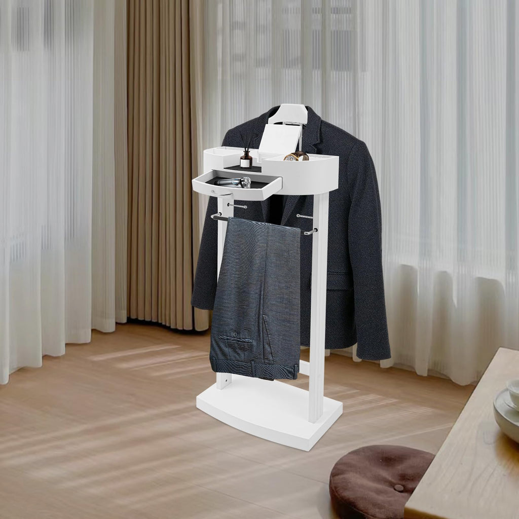 Wooden Valet Stand, Crescent Moon Valet for Men Freestanding Suit Clothes Valet with Drawer, Tray, Contour Hanger