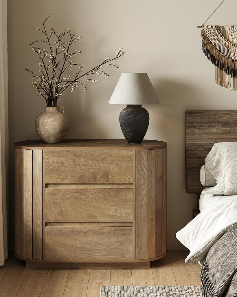 Large Nightstand, Oversized Night Stand with Drawers, Slatted Side Design Wood Nightstand, 35" Wide End Tables