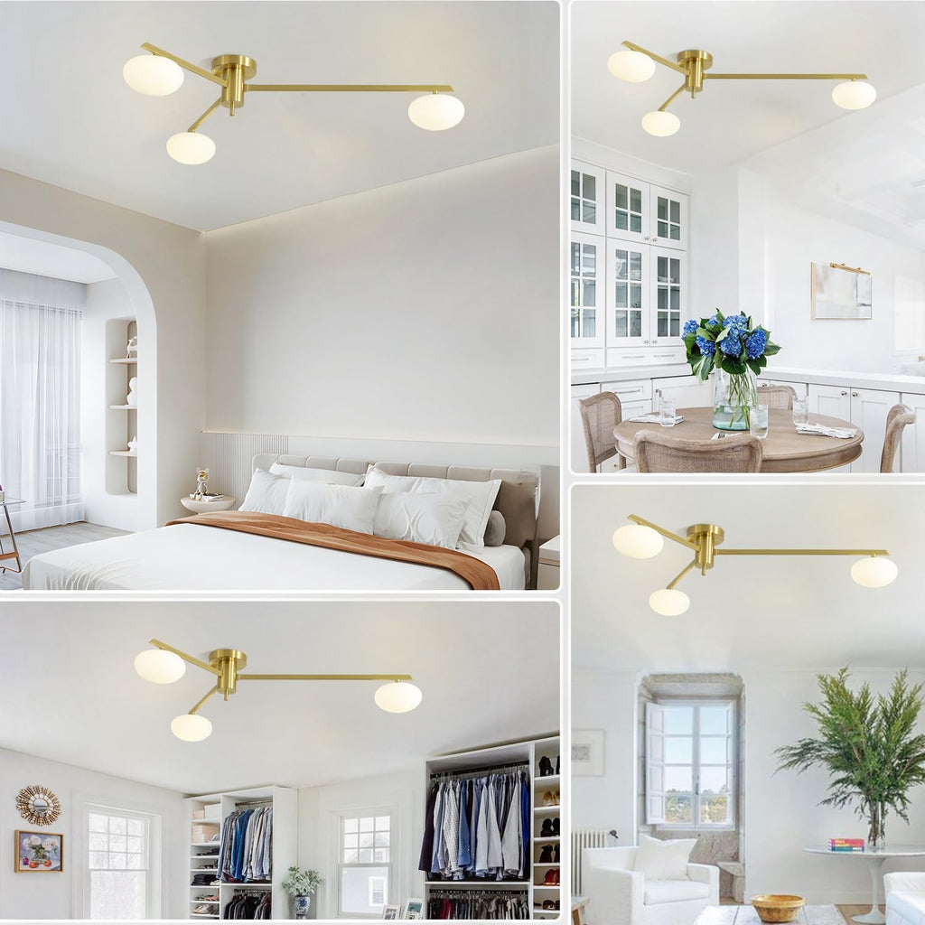 3-Light Gold Sputnik Ceiling Light Fixture, with Opal Glass Shade