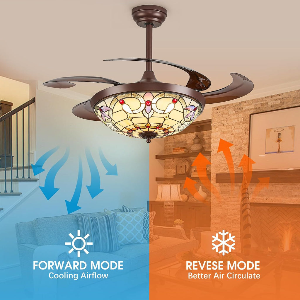 48" Tiffany Retractable Ceiling Fan with Light - (Red Dot, Brown)