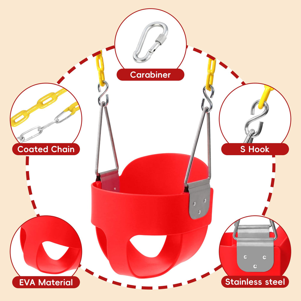 High Back Full Bucket Toddler Swing Seat with Finger Grip, Plastic Coated Chains and Carabiners for Easy Install