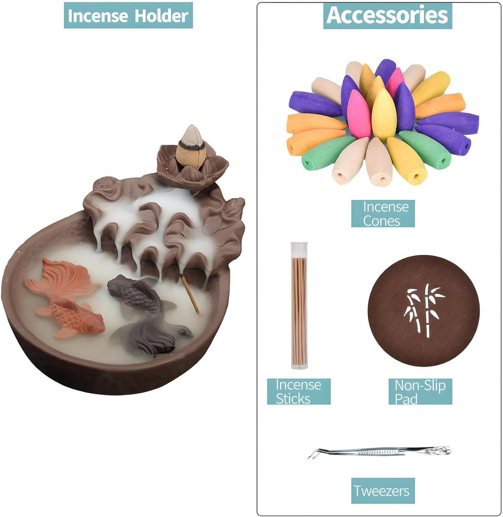 Two Fishes Ceramic Purple Clay Smoke Backflow Incense Cone Sticks Burner Holder - Set of 53