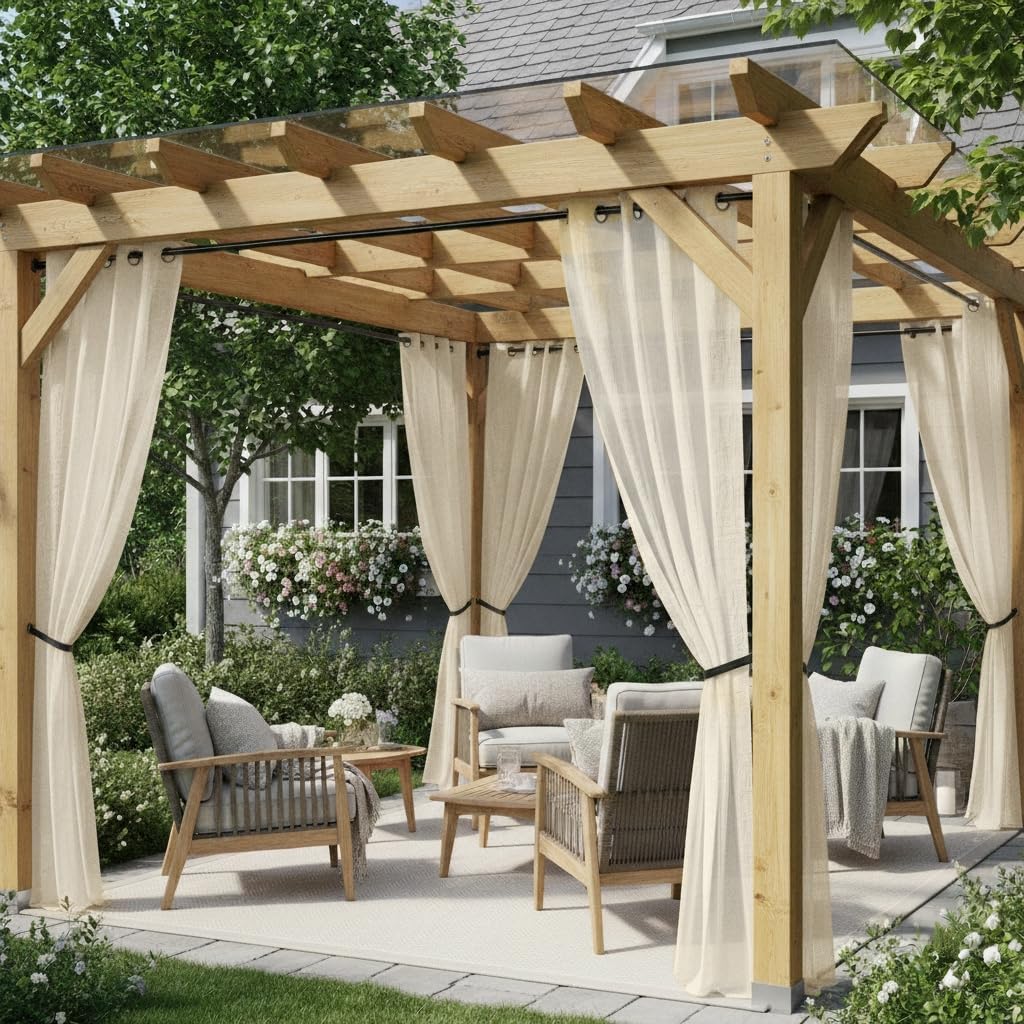 Semi Voile Beige Sheer Outdoor Curtains 4 Pcs 54x84 In | Light Filtering Grommet Top Faux Linen Outdoor Dining