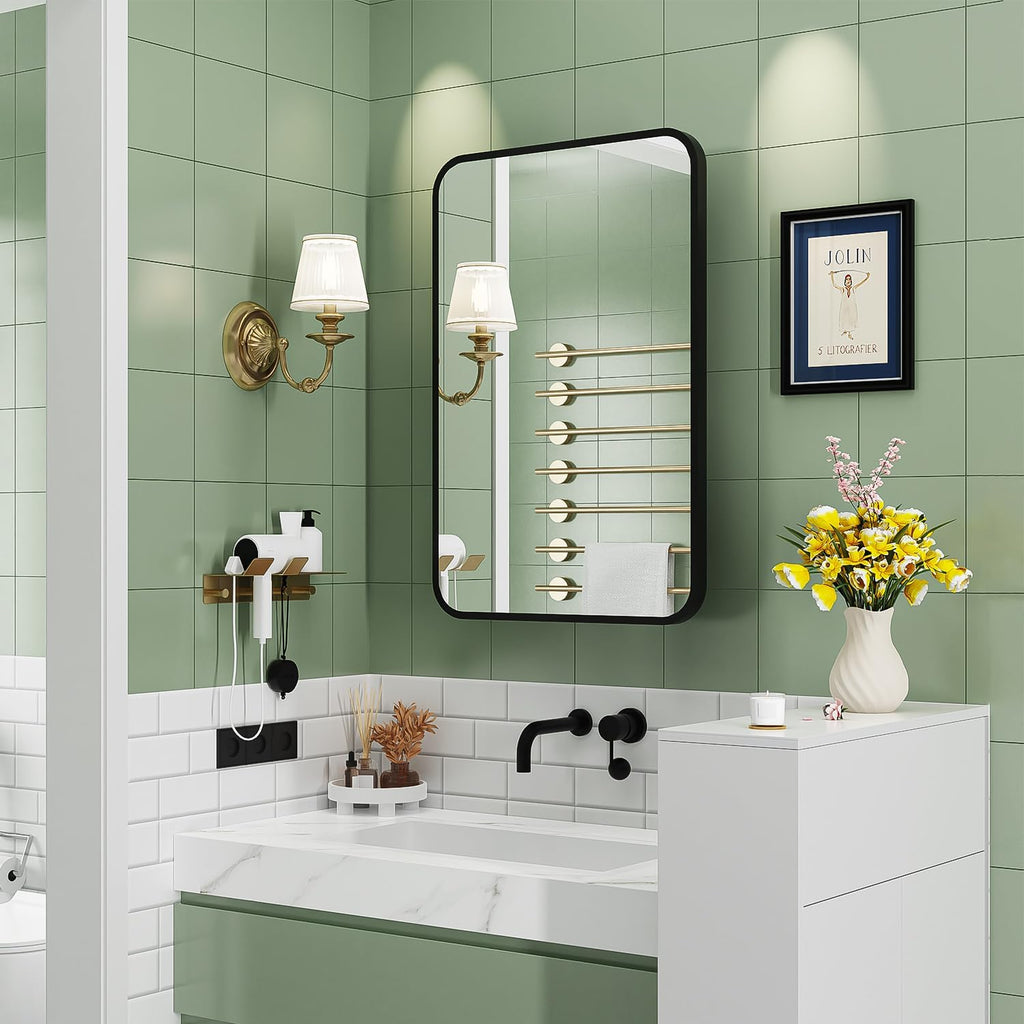 16x24 Inch Black Mirror Medicine Cabinet Metal Framed Recessed Wall Mounted Bathroom Medicine Cabinet with Mirror and