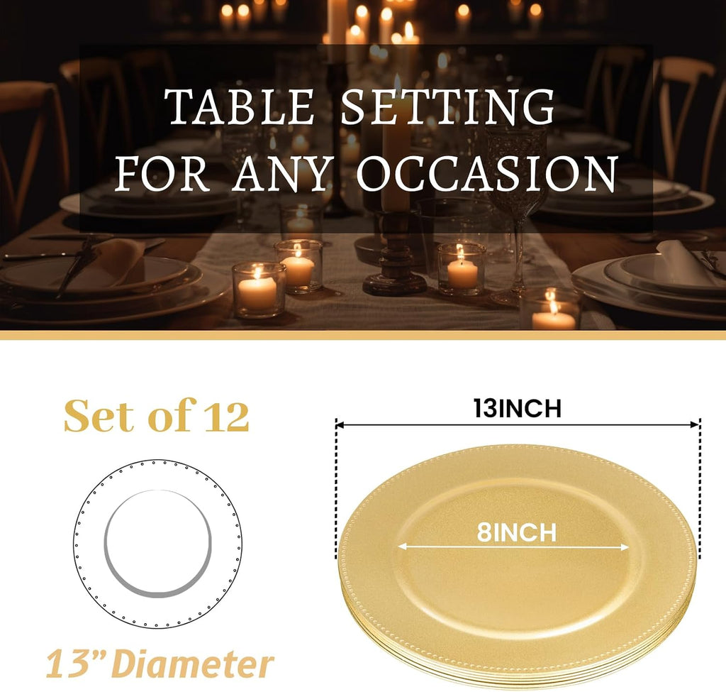 Gold Charger Plates, Round Plate Chargers with Beaded Rim - Set of 12