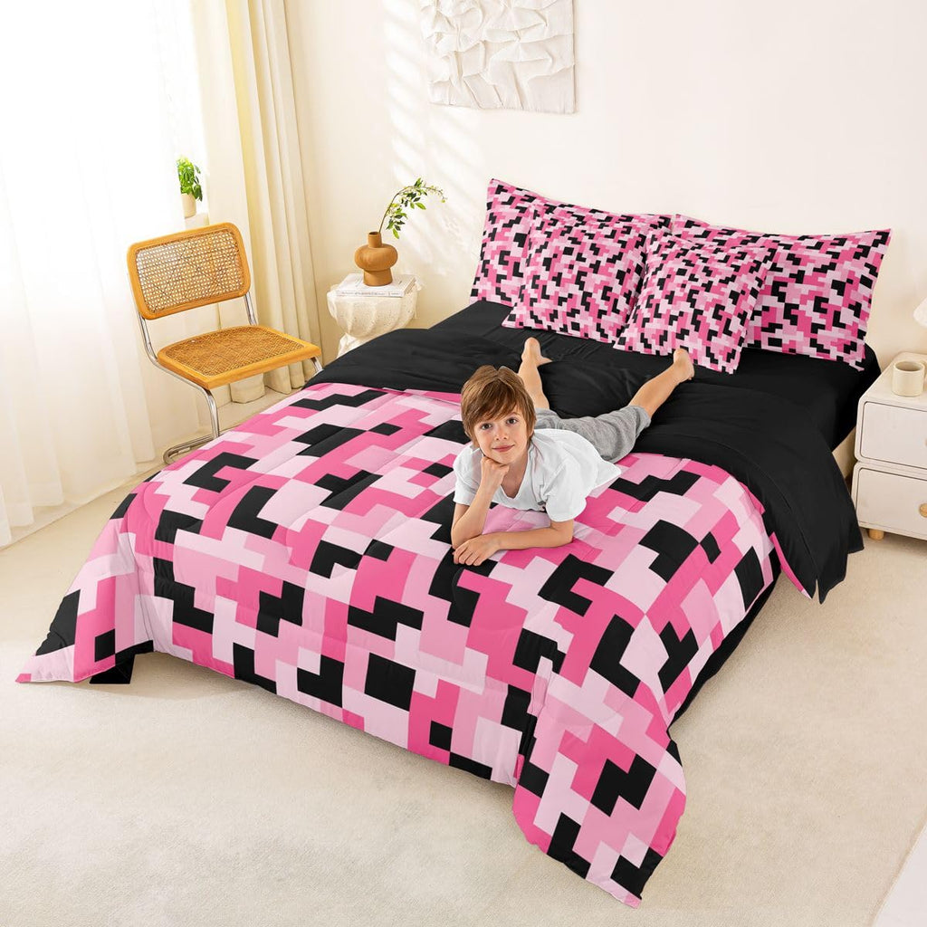 Pink Pixcel 7 Pcs Comforter Set, Block Building Bed in a Bag with Fitted Sheet & Pillowcases, Soft