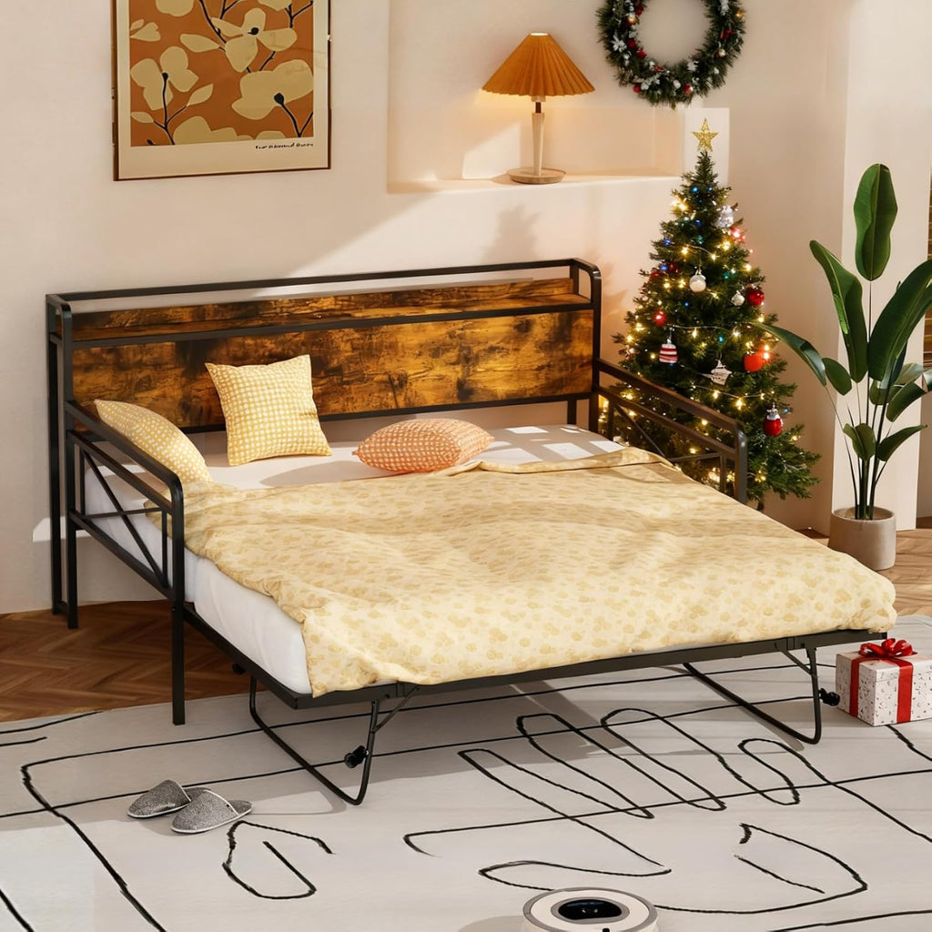 Daybed with Trundle Twin, Metal Daybed Frame with Pop-up Trundle Bed and Charging Station,Day Bed with Wooden Storage