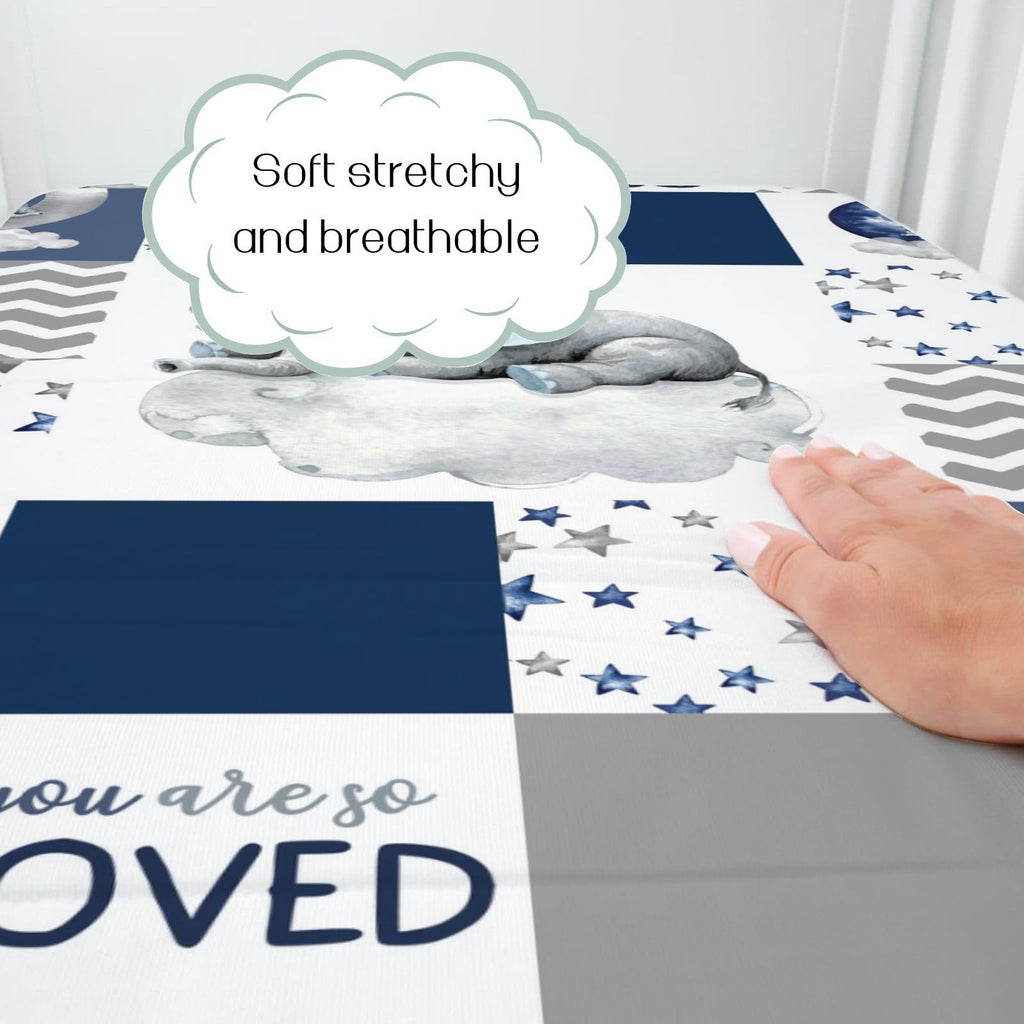 Navy Blue Sleeping Elephant Fitted Standard Crib Sheet Baby Boy, Dream Big Little One You are So Loved Patchwork