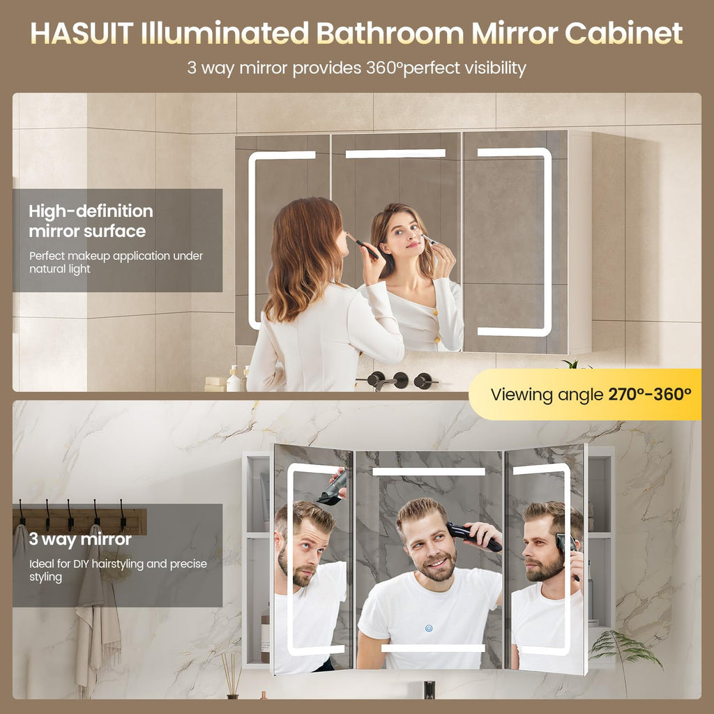 Medicine Cabinet Organizer with Mirror, Lighted Bathroom Medicine Cabinet with Storage, 3 Doors Bathroom Wall Cabinet