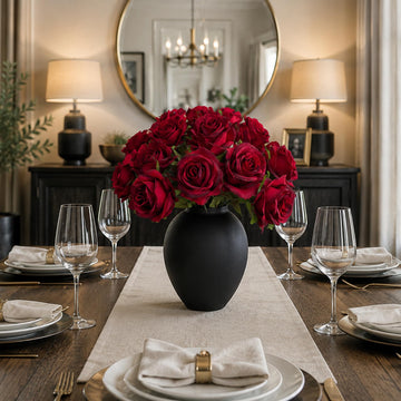 Burgundy Faux Rose Bouquet, 15-Stem Fake Flowers with Matte Iron Vase Set