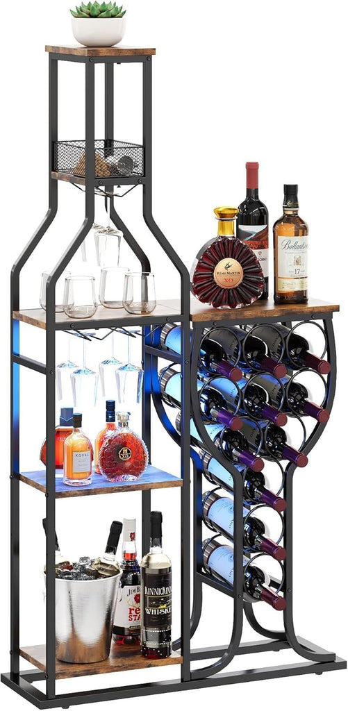 Liquor Cabinet Bar, 5-Tier Wine Rack Freestanding Floor with Wine Glass Holder, Mini Bar Stand with 11 Wine Bottles