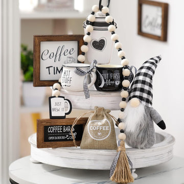 Coffee Bar Decor Set, Farmhouse Tiered Tray Decor Accessories, Rustic Coffee Station Tabletop Wooden Signs - Set of 8