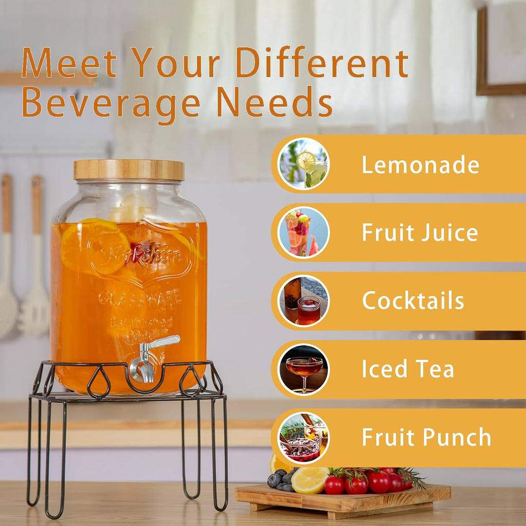 2 Gallon Glass Drink Dispenser with Stand and Bamboo Lid, Lemonade Dispenser with Stainless Steel Spigot