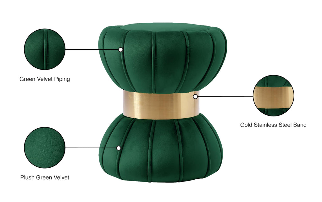 Vino Collection Modern | Contemporary Velvet Upholstered Hourglass Shaped Ottoman/Stool with Gold Finished Stainless