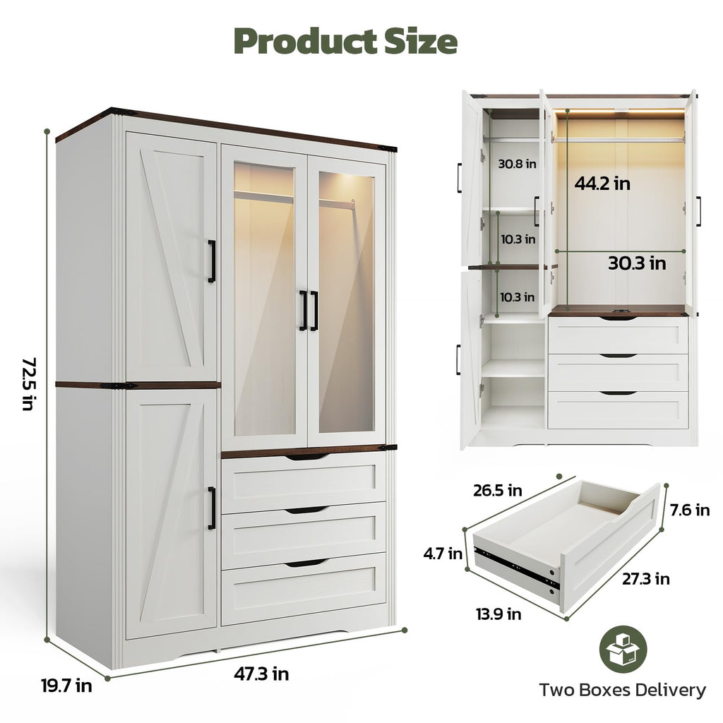 73'' Farmhouse 4 Doors Armoire Wardrobe Closet Antique White