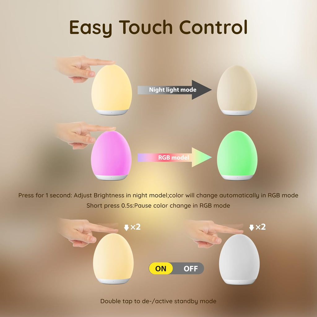 Egg Light, 7 RGB Colors, Dimmable Touch Control Night Light for Kids, White
