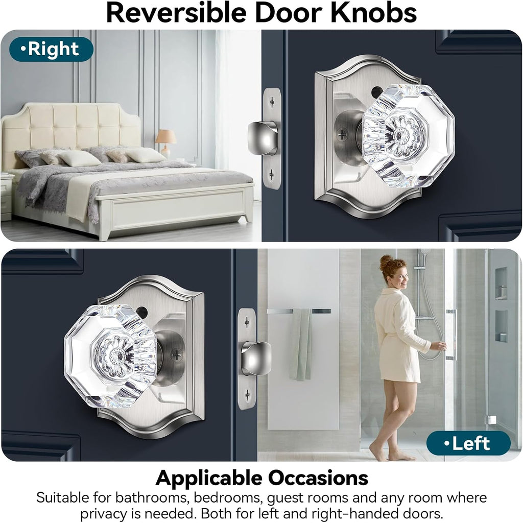 Nickel Crystal Door Knob Interior, Privacy Glass Door Knob, 1Pack