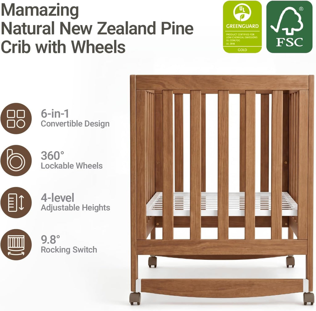 EvoNest 6-in-1 Convertible Baby Mini Crib with Wheels, GREENGUARD Gold Certified, 4 Adjustable Mattress Heights, 100%
