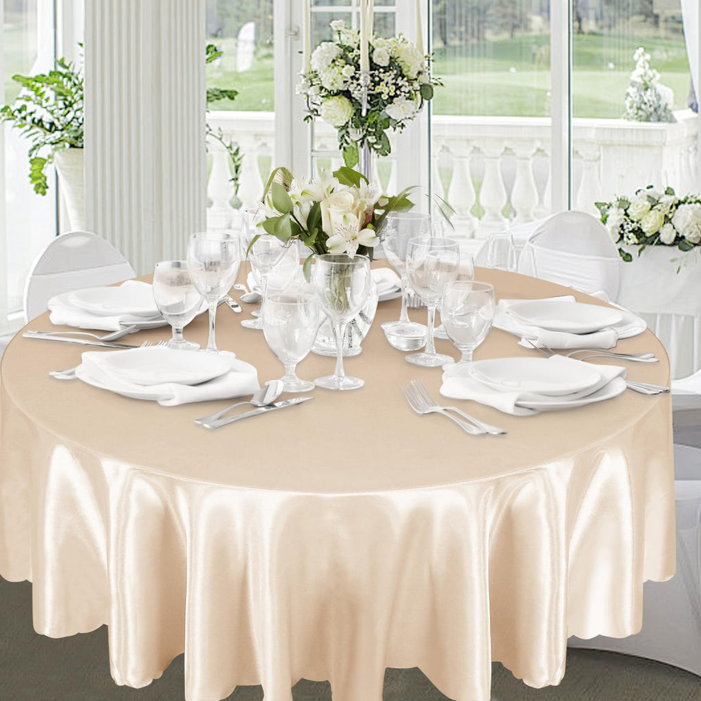 2 Pack 120 Inch Round Satin Tablecloth, Champagne, for 8-12 Seats