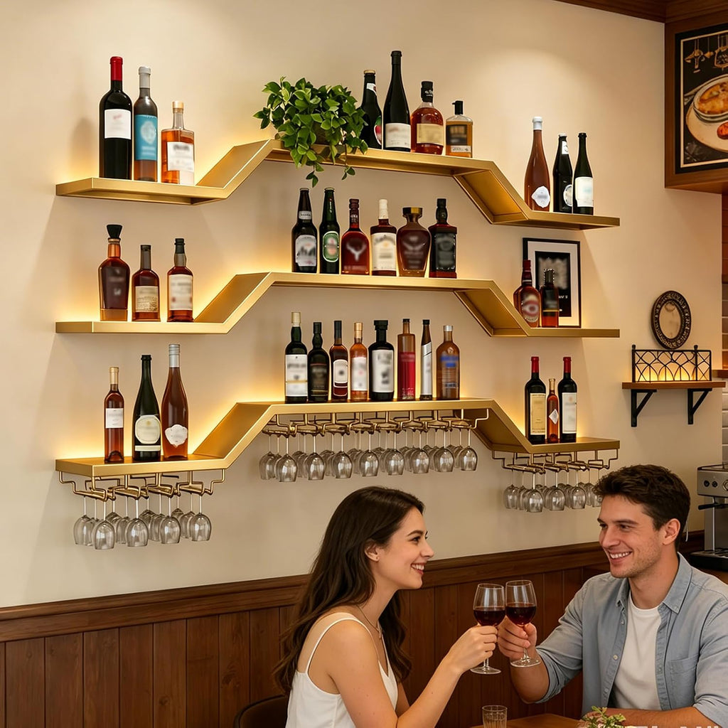 31.5in Wine Rack Wall Mounted, Move Individual Shelf LED Lights | 3-Tier Floating Bar Wall Shelves LED, Includes Wine