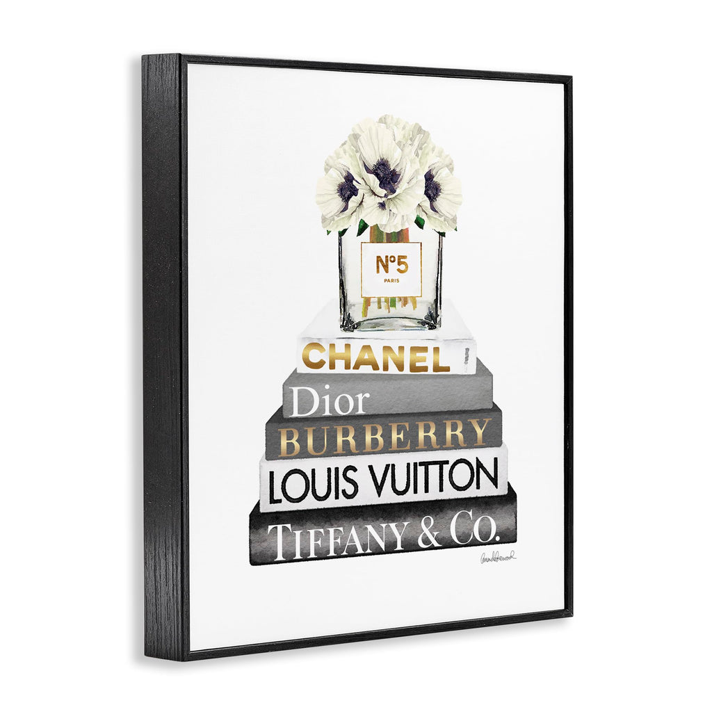 Blooming White Floral Display on Glam Designer Bookstack Wall Art, 11 x 14, Black Framed