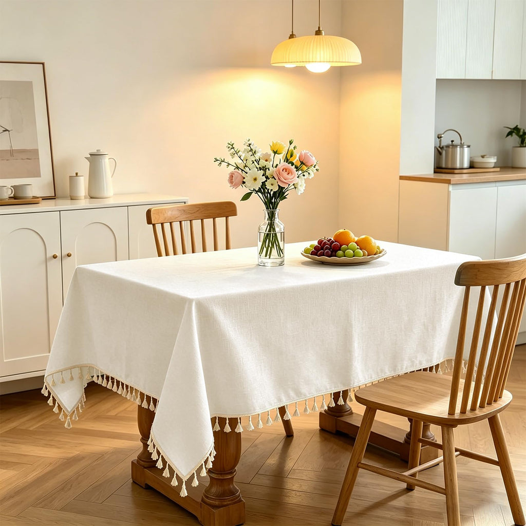 Ivory Tablecloth Rectangle Linen Cotton Texture, Waterproof Heavy Duty Farmhouse Wrinkle Free Table Cloth with Tassel