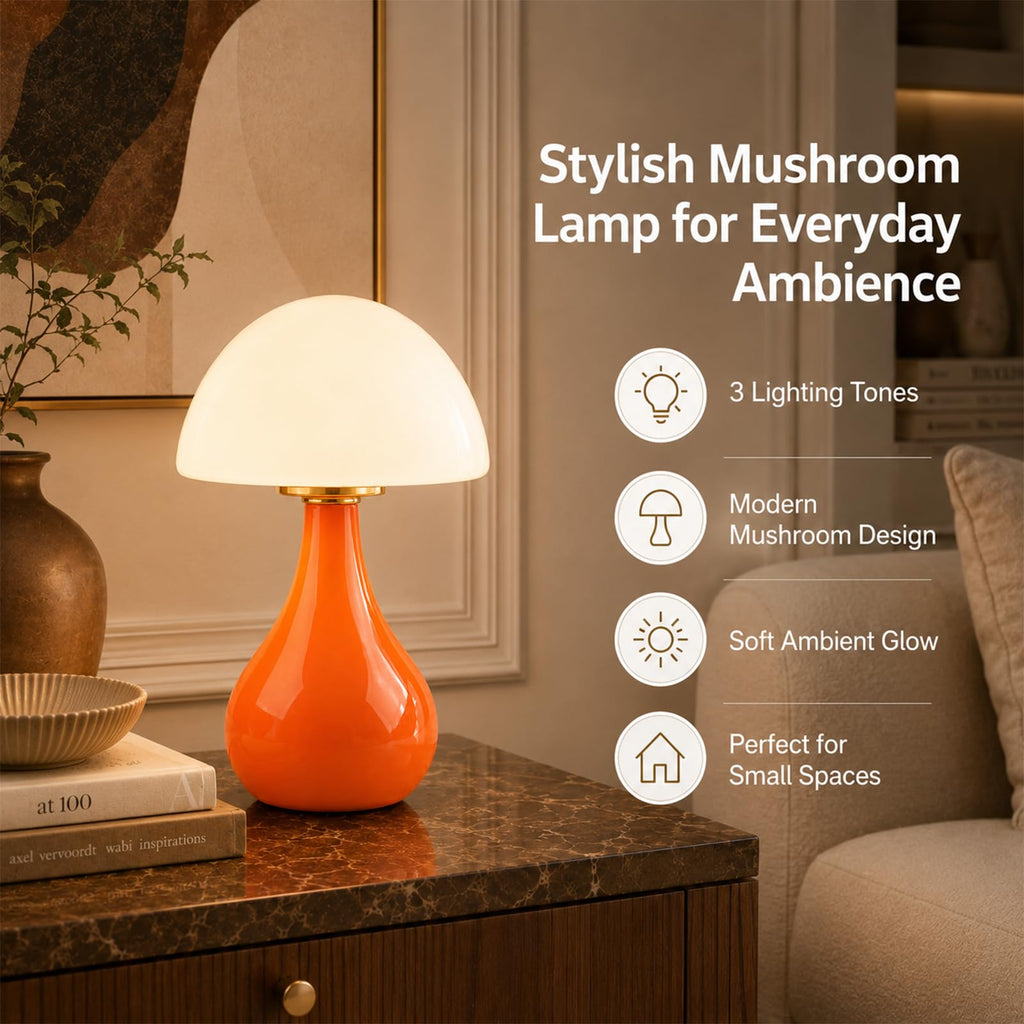Mushroom Table Lamp, Small Ceramic Bedside Lamp, Orange