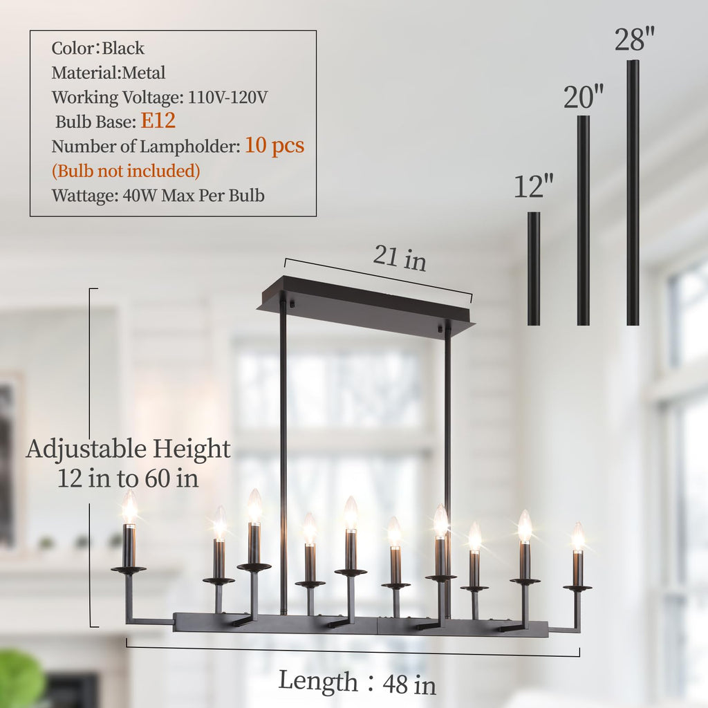 Rustic Black Linear Chandelier,Extra Long Candle Chandelier,Black Light Fixture Living Room Kitchen Island