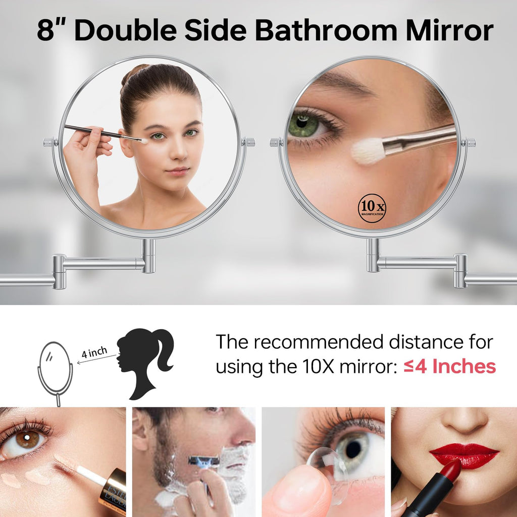 8" Wall Mounted Makeup Mirror with 1X 10X Magnification, Chrome