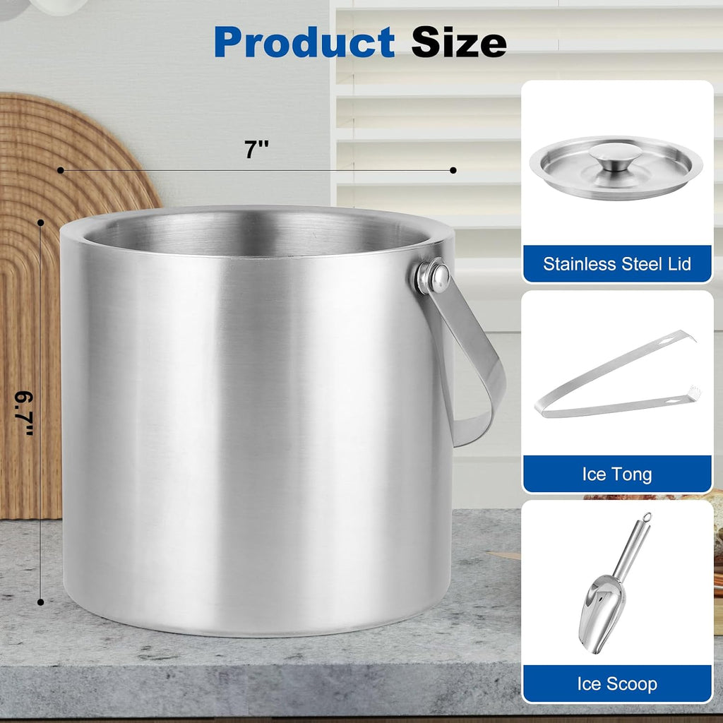 3L Stainless Steel Ice Bucket - Double-Wall Insulated Cooler Keeps Ice Frozen Longer for Wine, Champagne &