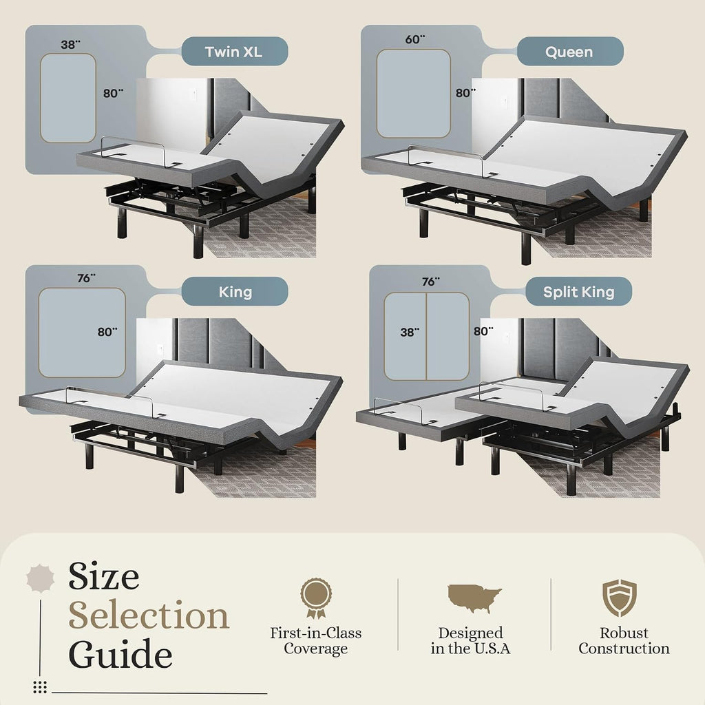 Classic Adjustable Bed Base, Head and Foot Lift, Massage, Under-Bed Lights, USB, Memory, Zero Gravity Smart Frame