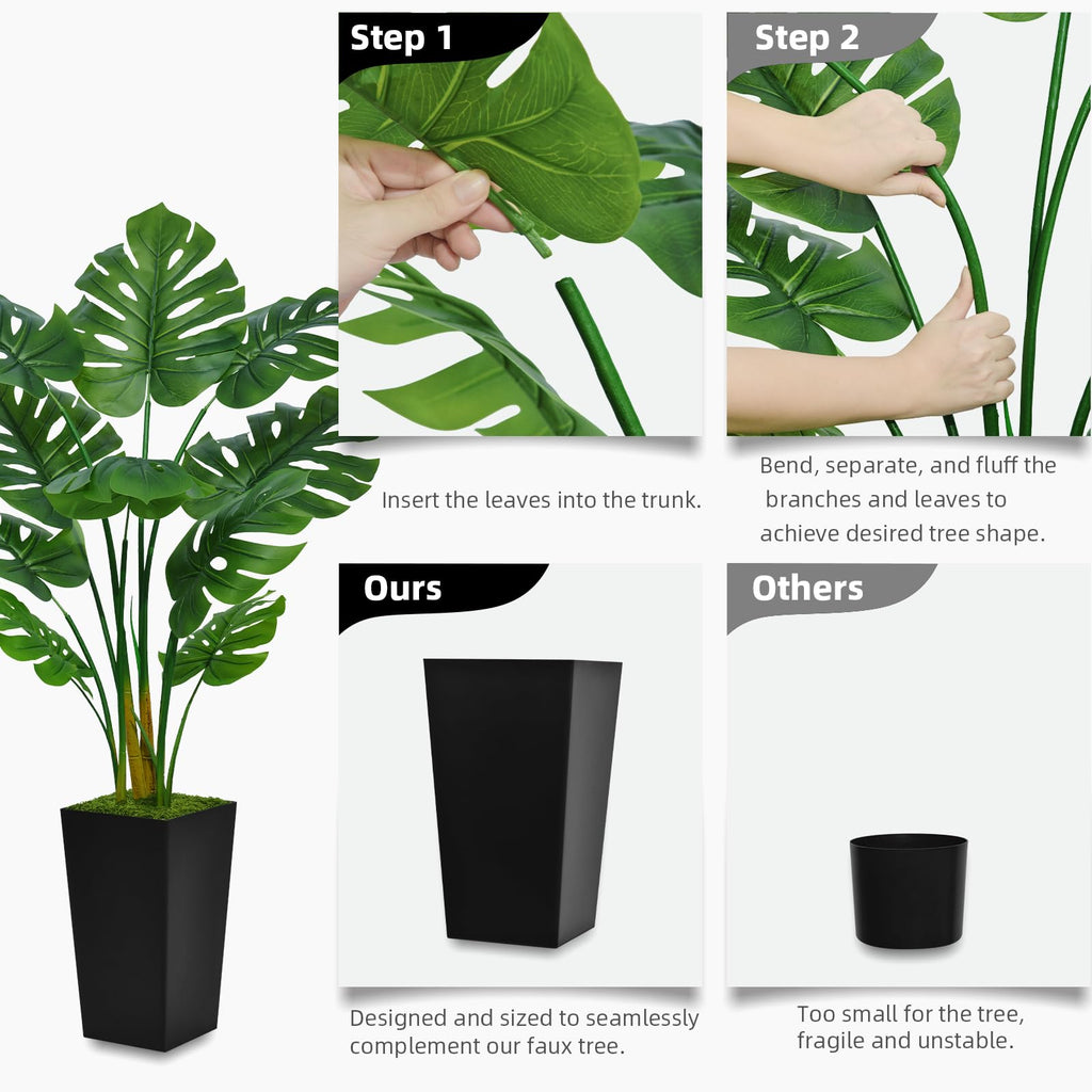 Artificial Monstera Deliciosa Plant 5FT - Faux Tropical Palm Tree with Gray Tall Planter - Fake Swiss Cheese Floor