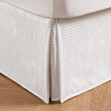 Pleated Waffle Weave Bed Skirt, Tailored Dust Ruffle 16 Inch Drop Easy Fit, Machine Washable (White, Queen - 16" Drop)