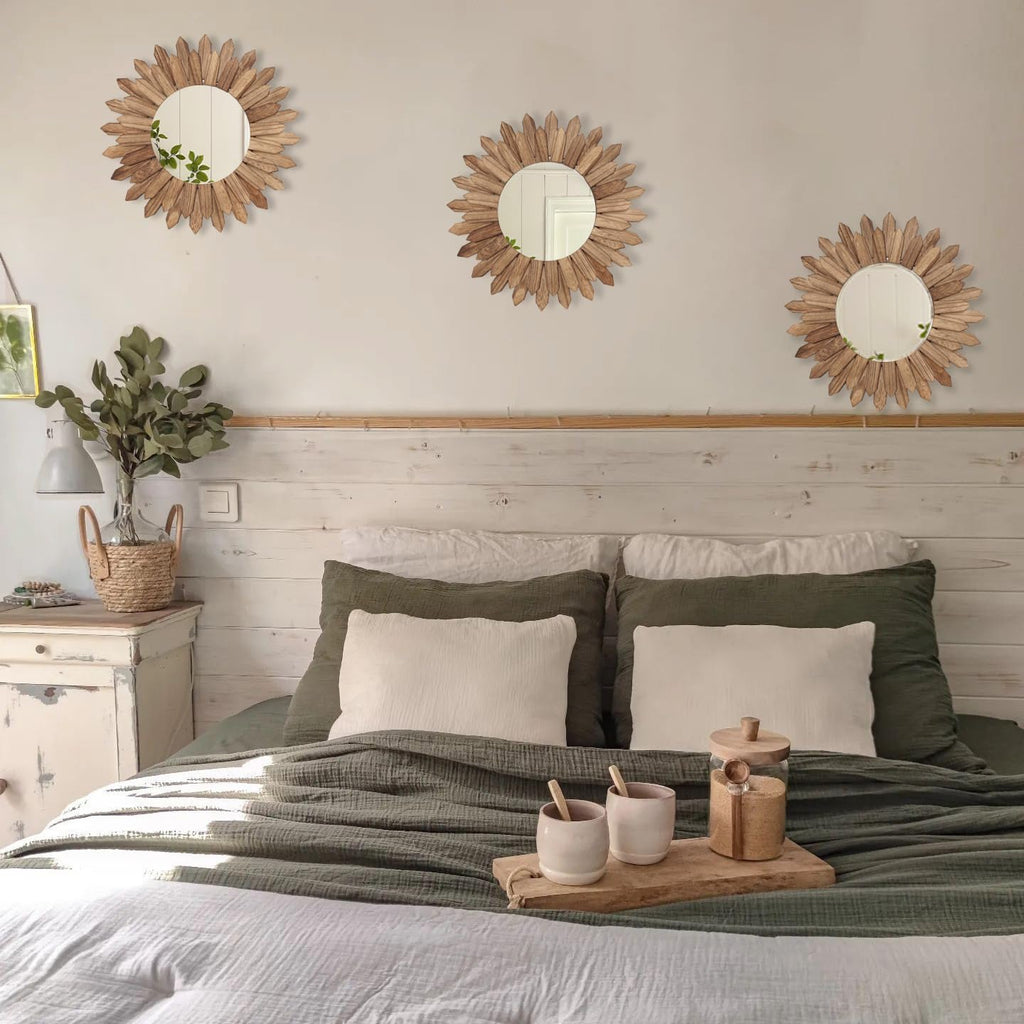 Boho Wall Decor Sunburst Mirror 3 Pack Rustic Round Wood Mirror 12 inch Boho Mirror Home Decor Farmhouse Room