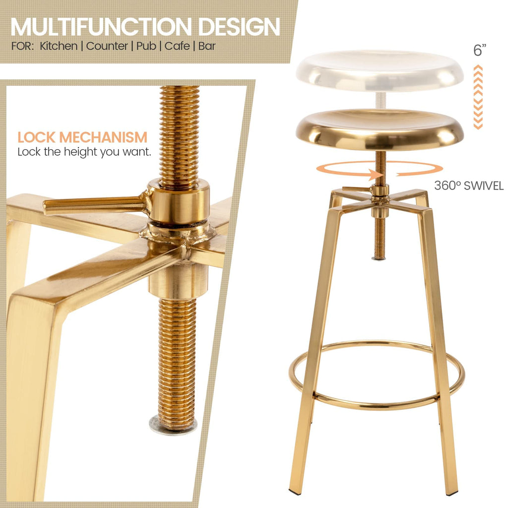 Atlas Industrial Bar Stools Set of 2, Adjustable Swivel Metal, Gold