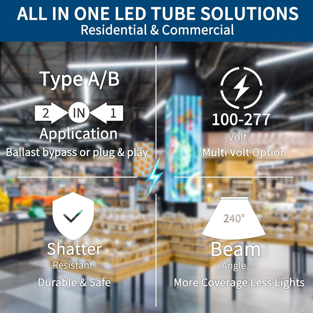 30 Pack T8 Led Bulbs 4 Foot,14W(40W Equiv) 2450LM 5000K Type A+B ETL
