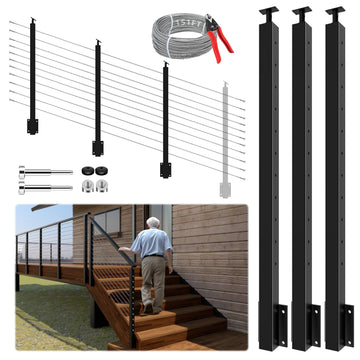 3 Pack One-Stop Side Mount Stair Cable Railing Post Kits 44" for 36"/42" Railing System, Left Side Stair Post Kit