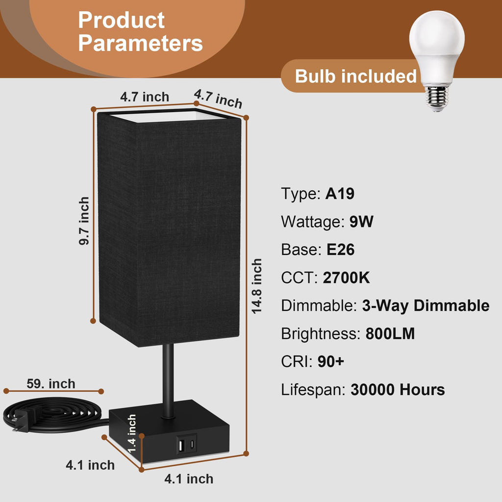 Touch Bedside Table Lamp, 14-Inch, Black, Set of 2