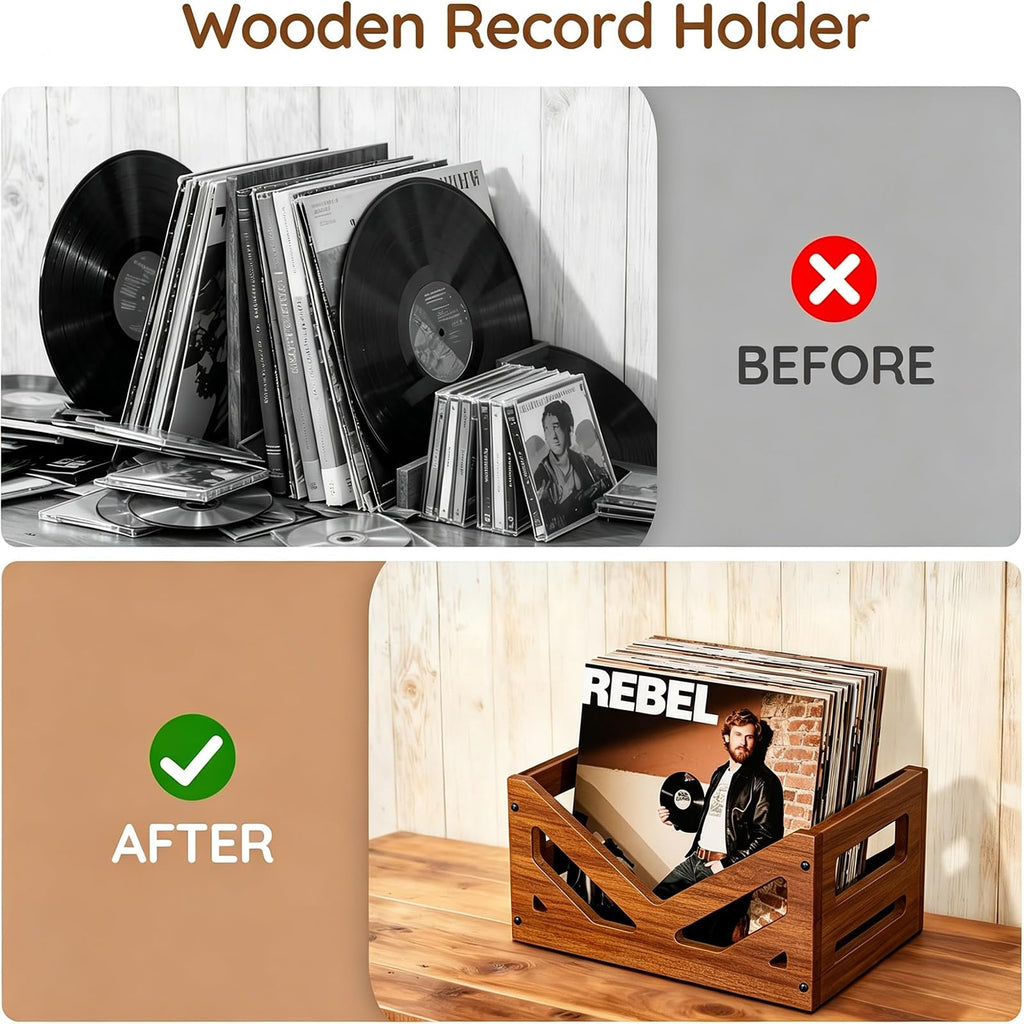 Solid Wood Vinyl Record Storage Crate 45+ V-Shaped Album Holder