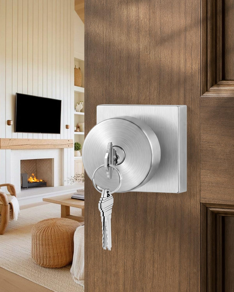 Brushed Nickel Entry Door Knob with Lock and Key, Square (1 Pack)