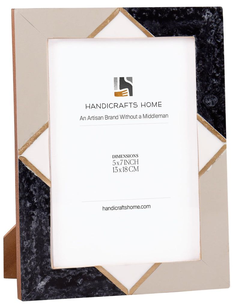 Handmade Resin Inlay & Brass Grey White Picture Frame, 5x7