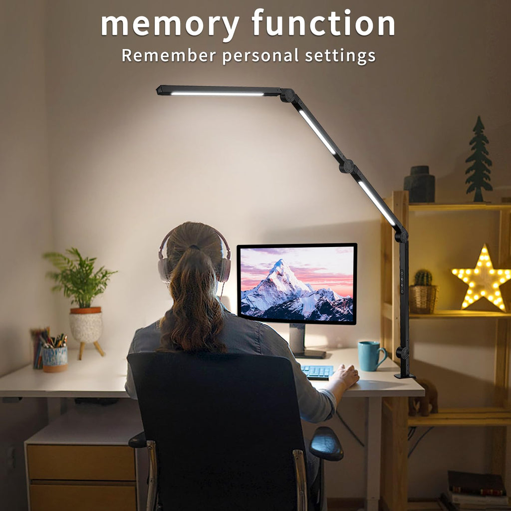 LED Desk Lamp with Clamp & Flexible Arm - 3 Light Sources, 4 Color Modes & 5 Brightness Levels, Eye-Caring Table