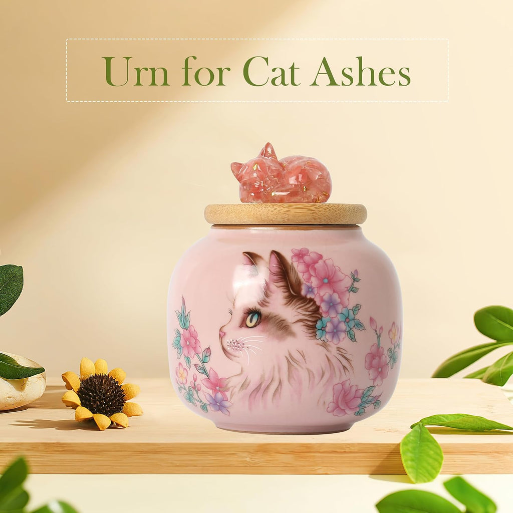 Ceramic Cat Urn for Ashes, Small Pet Urn with Crystal Cat Sculpture on Top, Pet Cremation Keepsake with Pink Cat