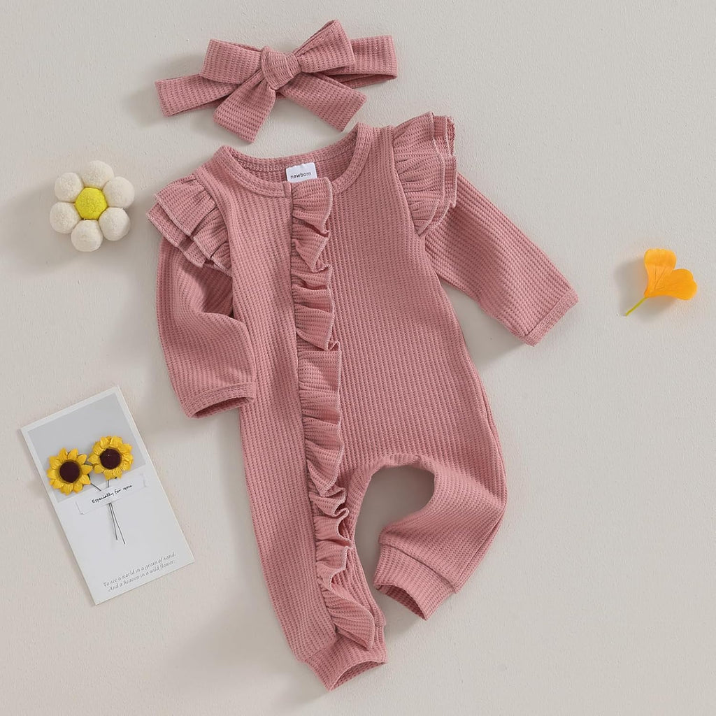 Baby Girl Ruffle Romper Knit Sweater Onesie Jumpsuit Long Sleeve Zipper Romper Solid Fall Winter Outfits