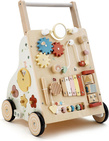 Wooden Baby Walker, Baby Push Walker for Boys and Girls 12 Months+, Adjustable Speed and Height Activity Walker